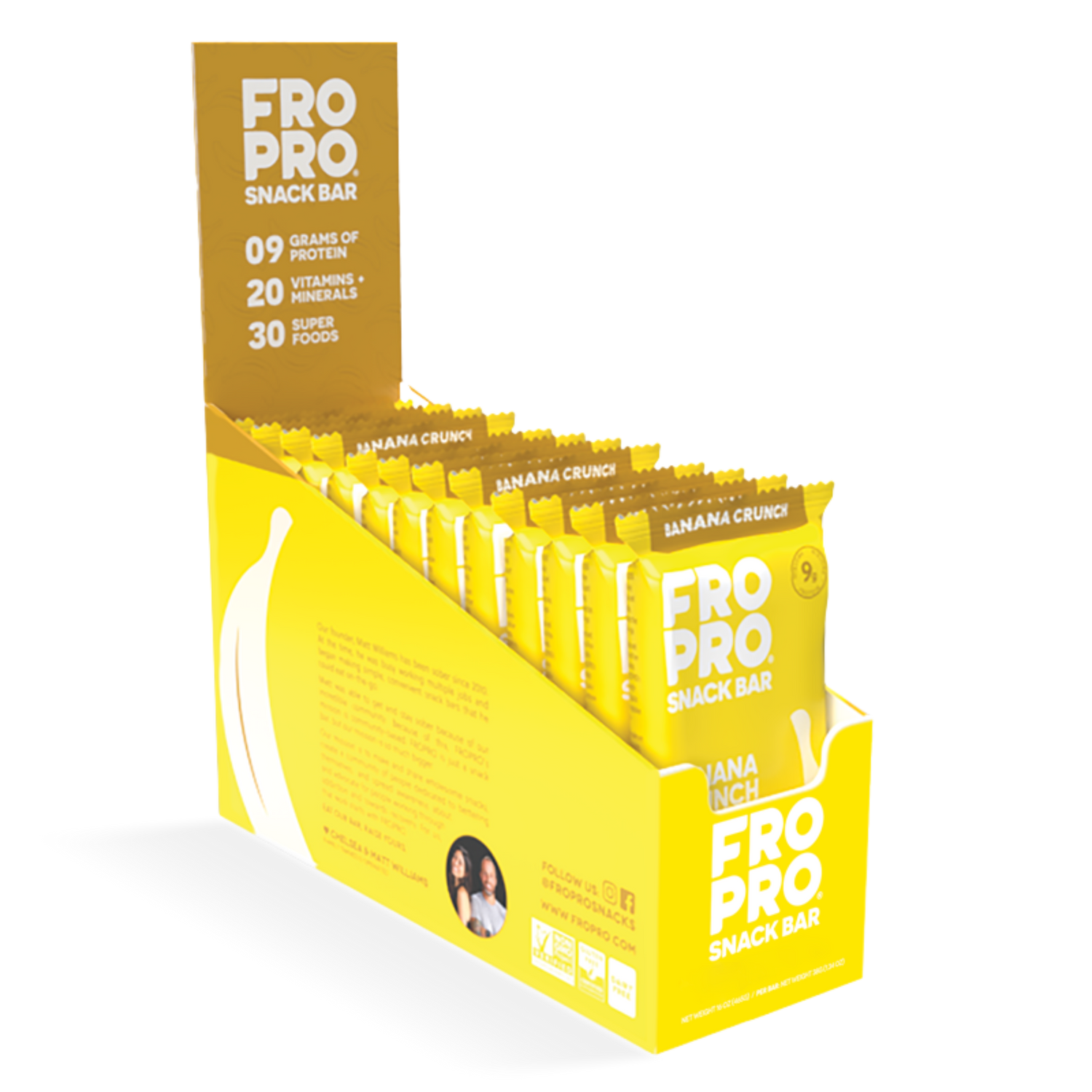 Display box of FROPRO Banana Crunch Snack Bars with yellow design, showcasing '09g Protein,' '20 Vitamins & Minerals,' '30 Superfoods.