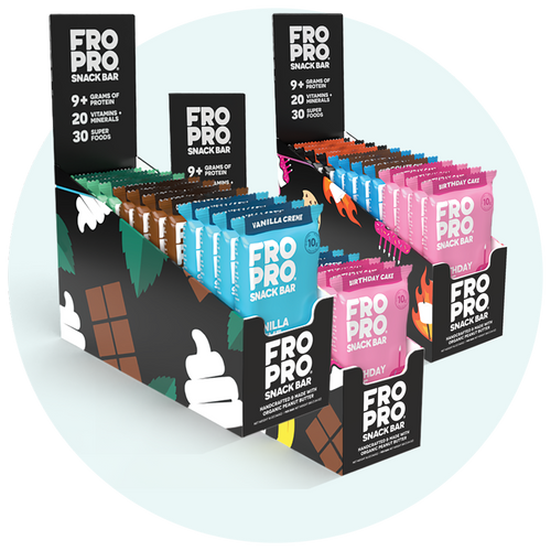 Three FROPRO 12-pack boxes with one hovering