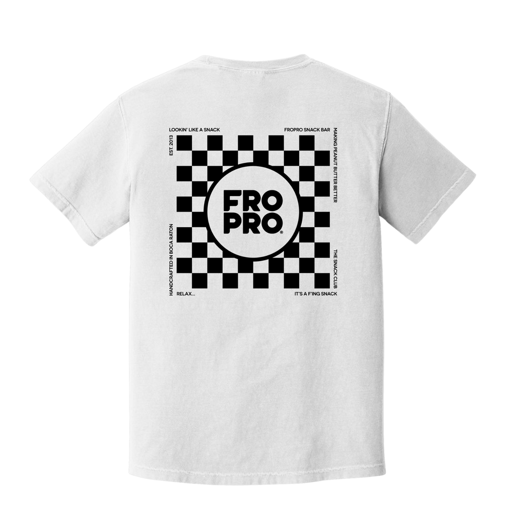 White retro tee with checkered fropro graphic